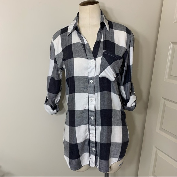 𝅺Pentagone Shirt Sz XS Black White Plaid Long Sleeve Button up Check Top - Picture 7 of 11